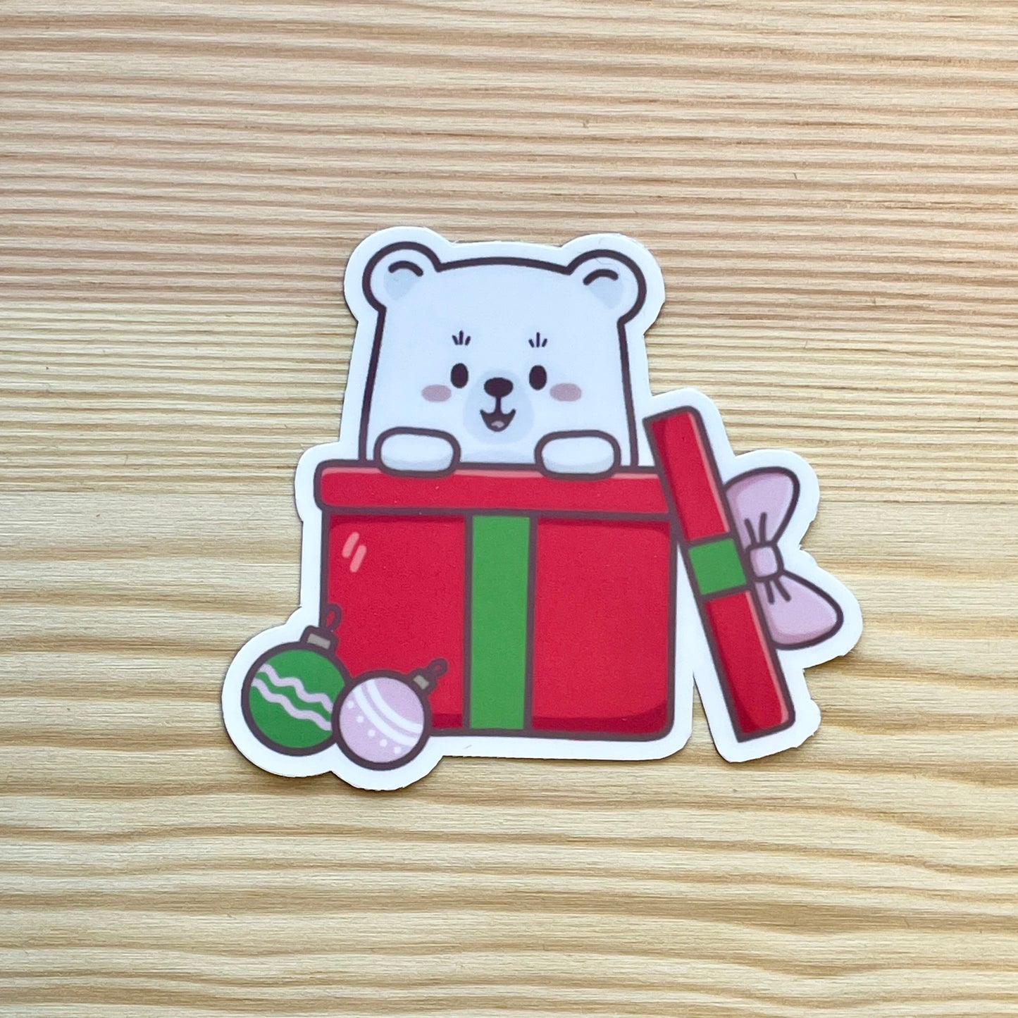 Vinyl Sticker - Bear Popping Out Of Christmas Present | A Cosy Christmas