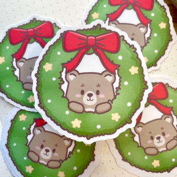 Vinyl Sticker - Cute Bear In Wreath | A Cosy Christmas