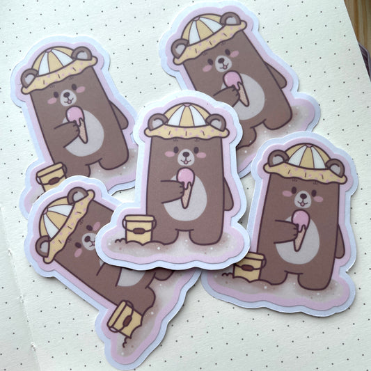 Vinyl Sticker - Bear Eating Ice Cream At The Beach | Bears At The Beach