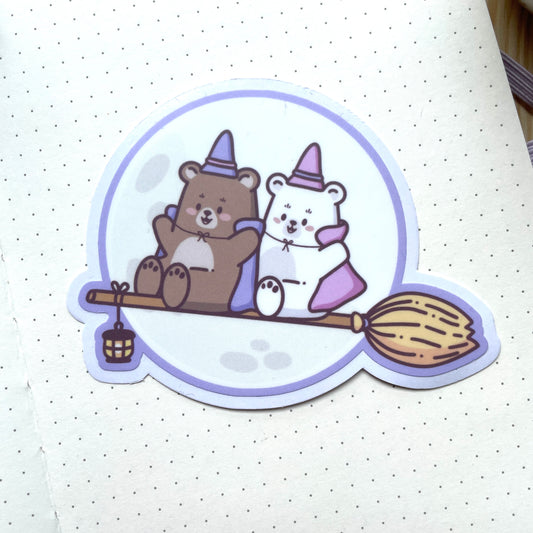 Vinyl Sticker - Bears Flying On Broom | Witchy Bears