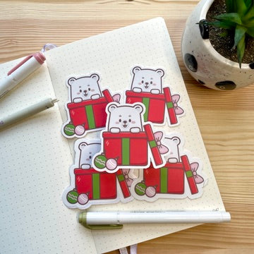 Vinyl Sticker - Bear Popping Out Of Christmas Present | A Cosy Christmas