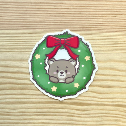 Vinyl Sticker - Cute Bear In Wreath | A Cosy Christmas