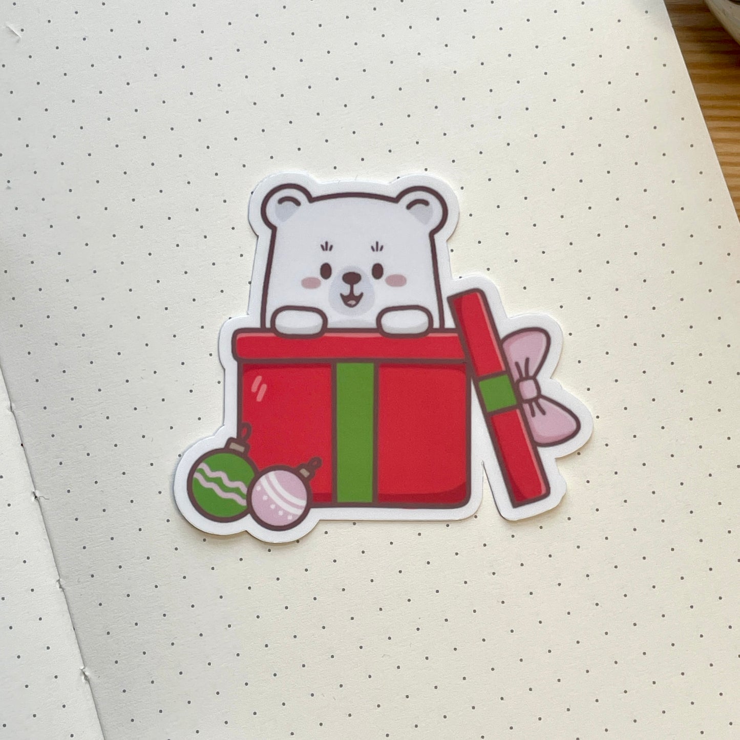 Vinyl Sticker - Bear Popping Out Of Christmas Present | A Cosy Christmas