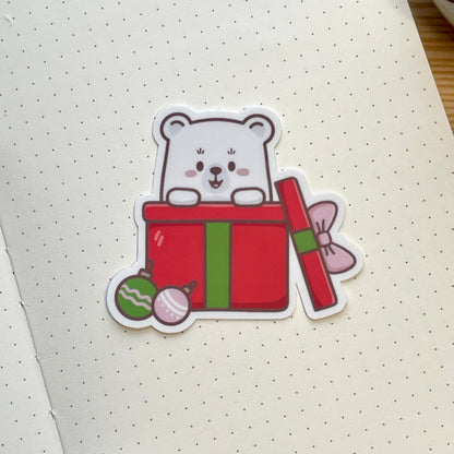 Vinyl Sticker - Bear Popping Out Of Christmas Present | A Cosy Christmas