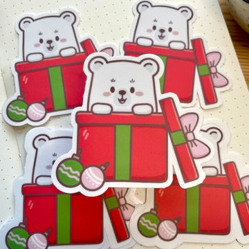 Vinyl Sticker - Bear Popping Out Of Christmas Present | A Cosy Christmas