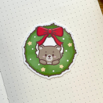 Vinyl Sticker - Cute Bear In Wreath | A Cosy Christmas