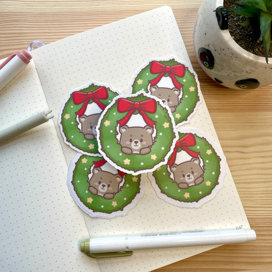 Vinyl Sticker - Cute Bear In Wreath | A Cosy Christmas