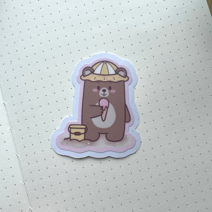 Vinyl Sticker - Bear Eating Ice Cream At The Beach | Bears At The Beach