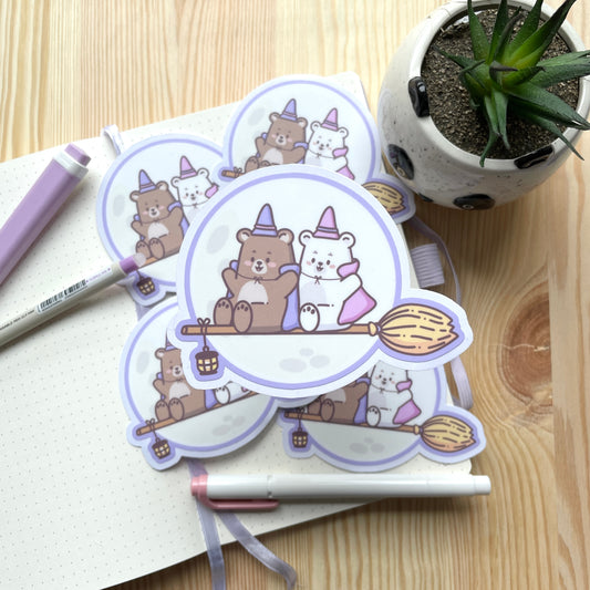 Vinyl Sticker - Bears Flying On Broom | Witchy Bears